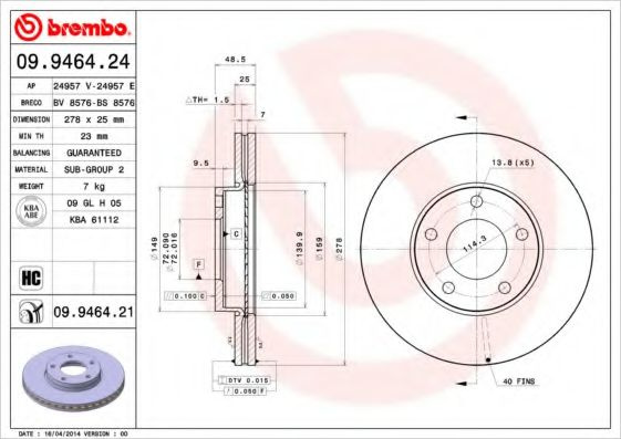 Disc frana MAZDA 3 (BK) (2003 - 2009) BREMBO 09.9464.21 piesa NOUA