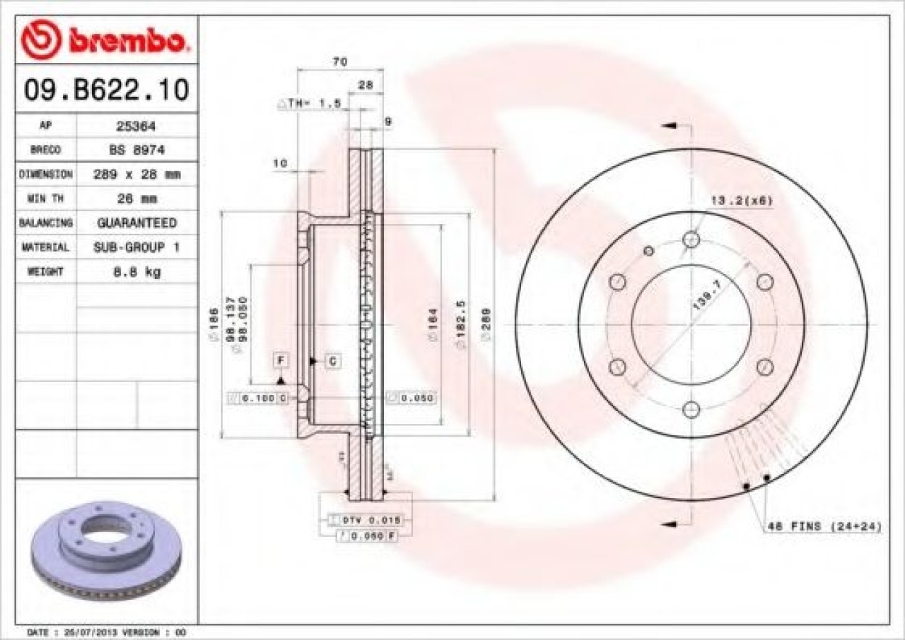 Disc frana MAZDA BT-50 (CD, UN) (2006 - 2016) BREMBO 09.B622.10 piesa NOUA