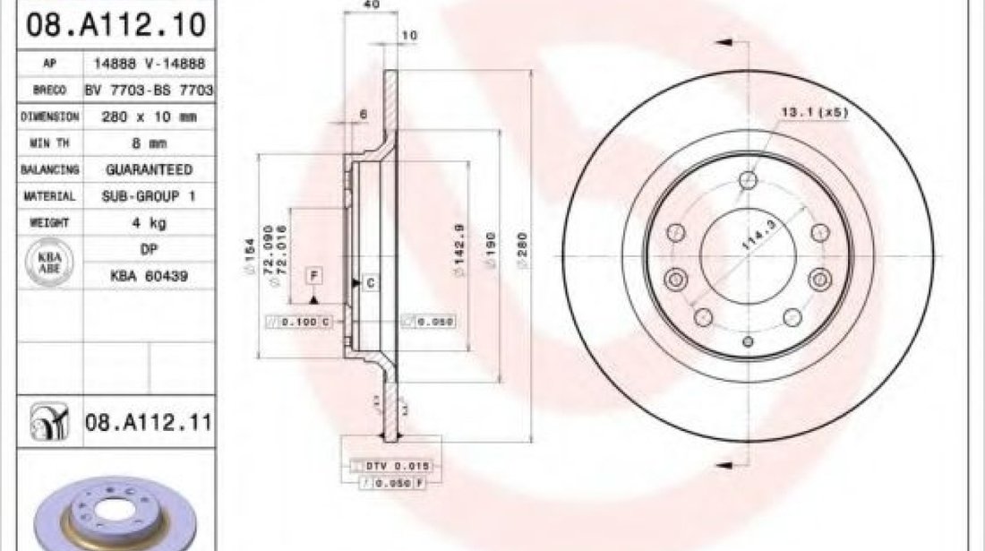 Disc frana MAZDA PREMACY (CP) (1999 - 2005) BREMBO 08.A112.11 piesa NOUA