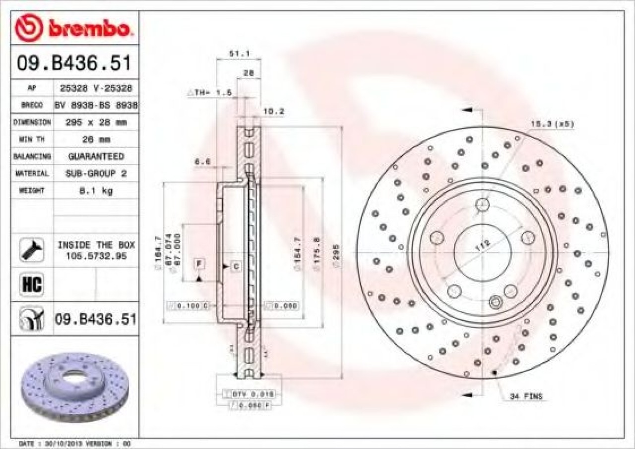 Disc frana MERCEDES A-CLASS (W176) (2012 - 2016) BREMBO 09.B436.51 piesa NOUA