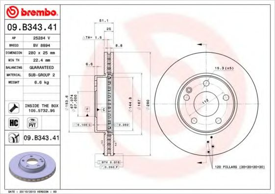 Disc frana MERCEDES A-CLASS (W176) (2012 - 2016) BREMBO 09.B343.41 piesa NOUA
