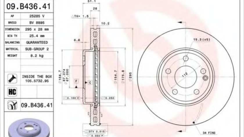 Disc frana MERCEDES A-CLASS (W176) (2012 - 2016) BREMBO 09.B436.41 piesa NOUA