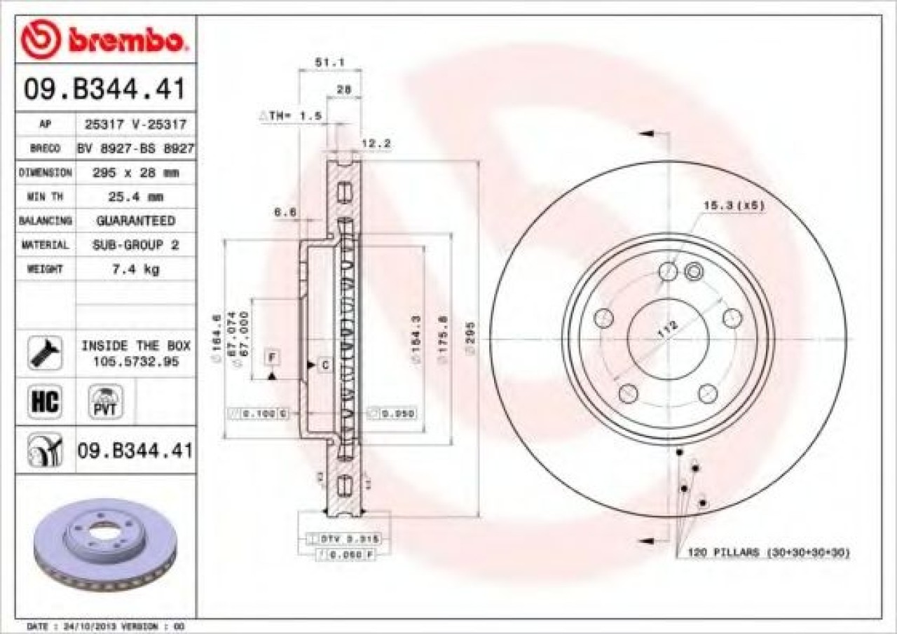 Disc frana MERCEDES B-CLASS (W246, W242) (2011 - 2016) BREMBO 09.B344.41 piesa NOUA