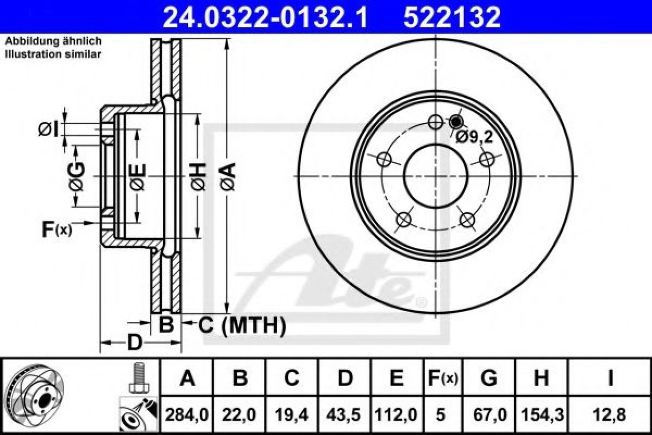 Disc frana MERCEDES C-CLASS (W202) (1993 - 2000) ATE 24.0322-0132.1 piesa NOUA