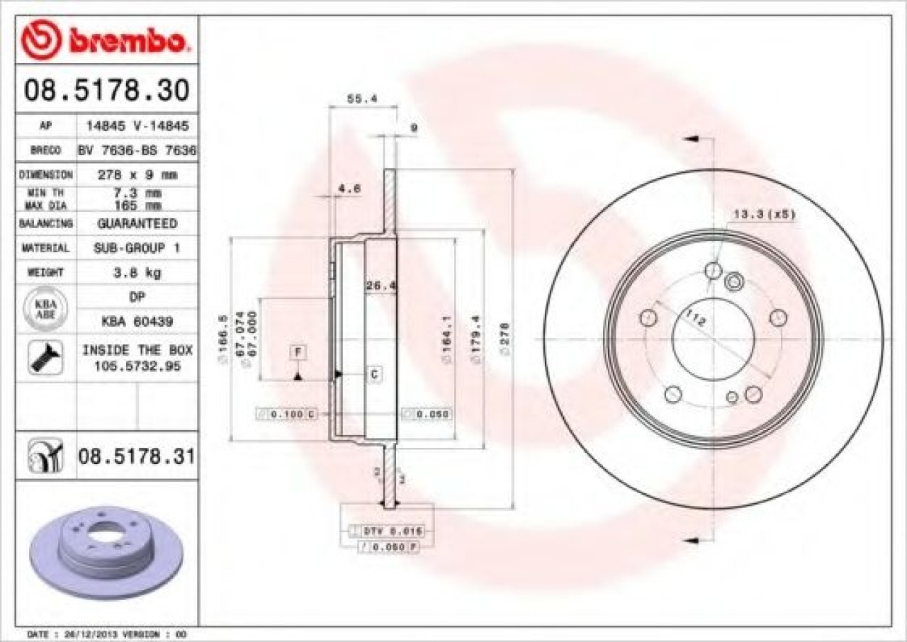 Disc frana MERCEDES C-CLASS (W202) (1993 - 2000) BREMBO 08.5178.31 piesa NOUA