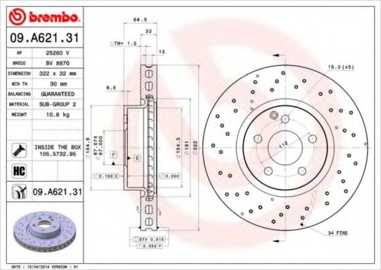 Disc frana MERCEDES C-CLASS (W204) (2007 - 2014) BREMBO 09.A621.31 piesa NOUA