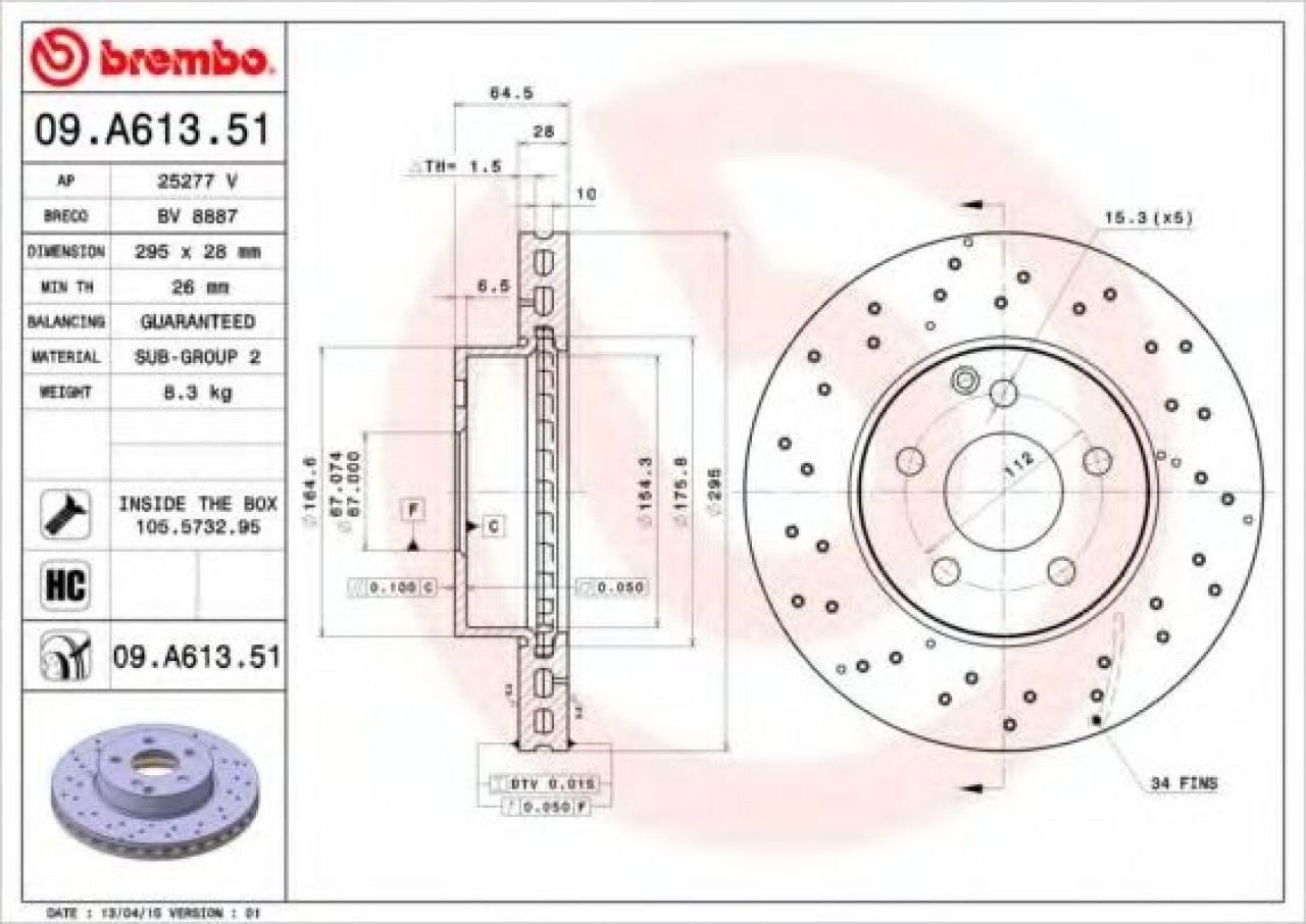 Disc frana MERCEDES C-CLASS (W204) (2007 - 2014) BREMBO 09.A613.51 piesa NOUA