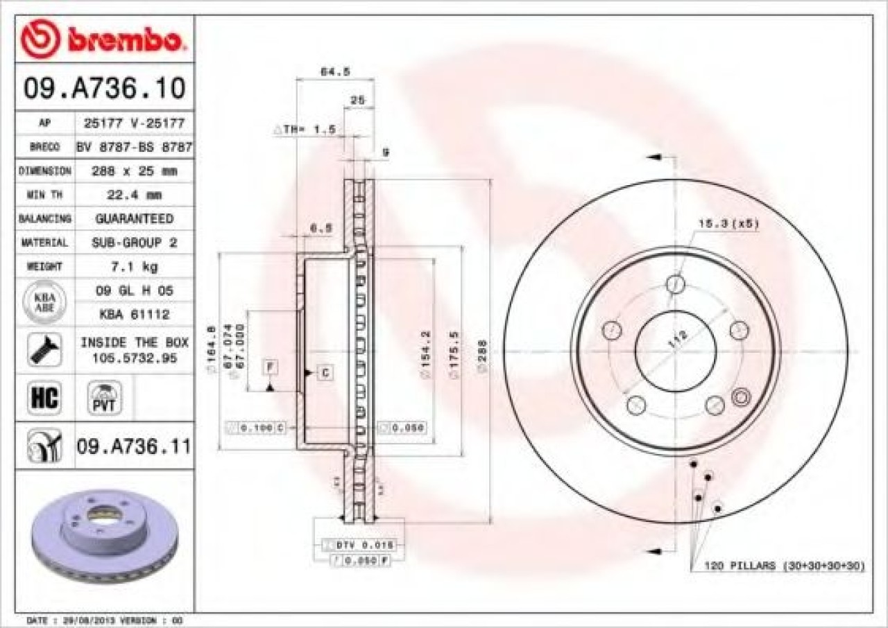 Disc frana MERCEDES C-CLASS (W204) (2007 - 2014) BREMBO 09.A736.11 piesa NOUA