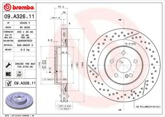 Disc frana MERCEDES C-CLASS (W204) (2007 - 2014) BREMBO 09.A326.11 piesa NOUA