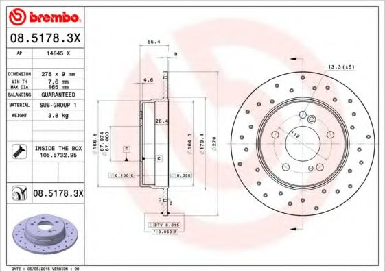 Disc frana MERCEDES CLK (C209) (2002 - 2009) BREMBO 08.5178.3X piesa NOUA