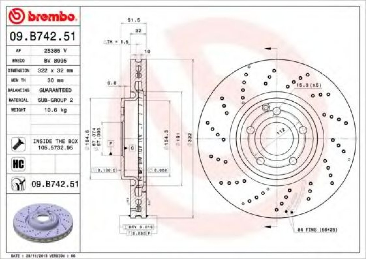 Disc frana MERCEDES CLS (C218) (2011 - 2016) BREMBO 09.B742.51 piesa NOUA
