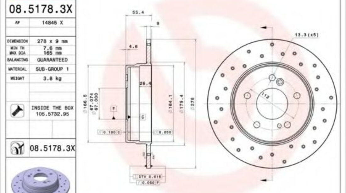 Disc frana MERCEDES E-CLASS (W210) (1995 - 2003) BREMBO 08.5178.3X piesa NOUA