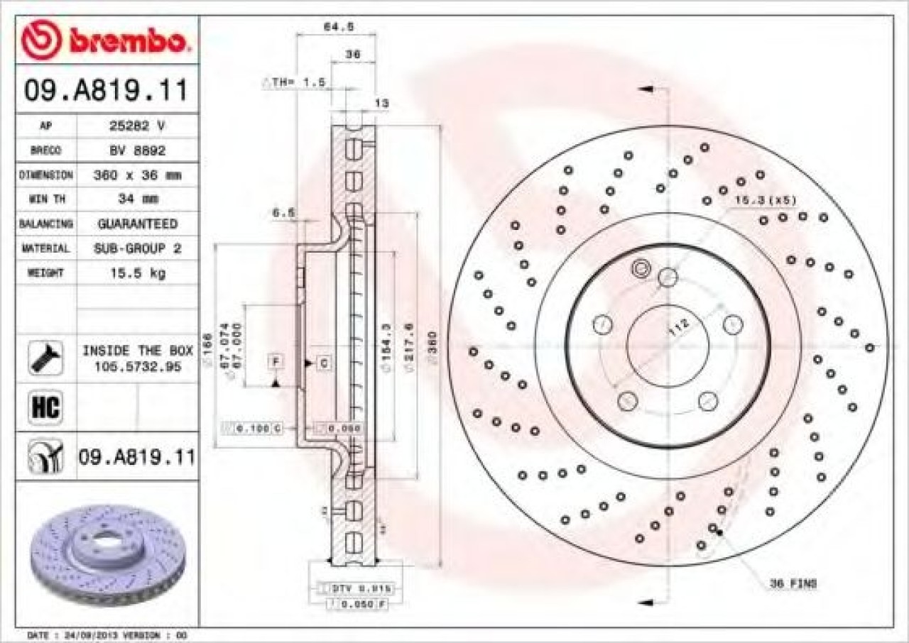 Disc frana MERCEDES E-CLASS (W211) (2002 - 2009) BREMBO 09.A819.11 piesa NOUA