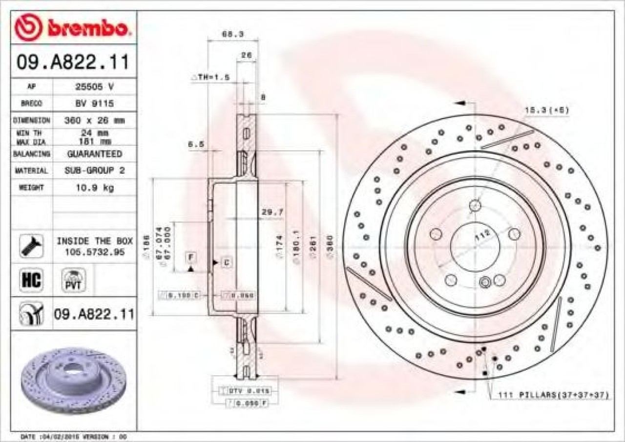 Disc frana MERCEDES E-CLASS (W212) (2009 - 2016) BREMBO 09.A822.11 piesa NOUA