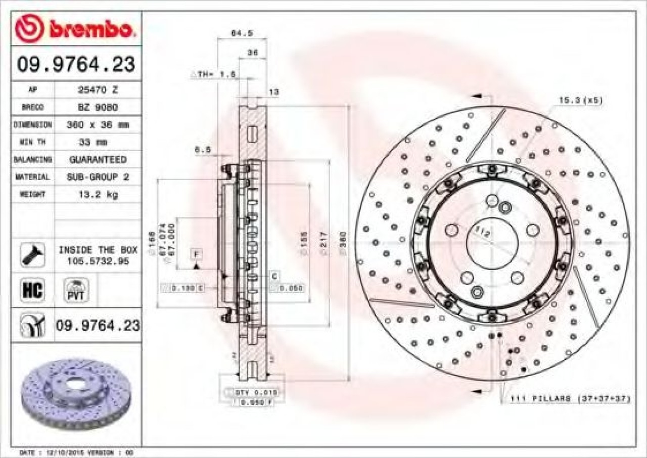 Disc frana MERCEDES E-CLASS (W212) (2009 - 2016) BREMBO 09.9764.23 piesa NOUA