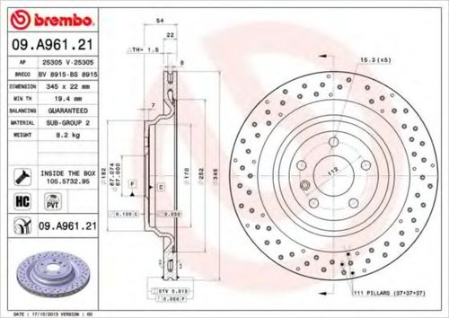 Disc frana MERCEDES GL-CLASS (X166) (2012 - 2016) BREMBO 09.A961.21 piesa NOUA