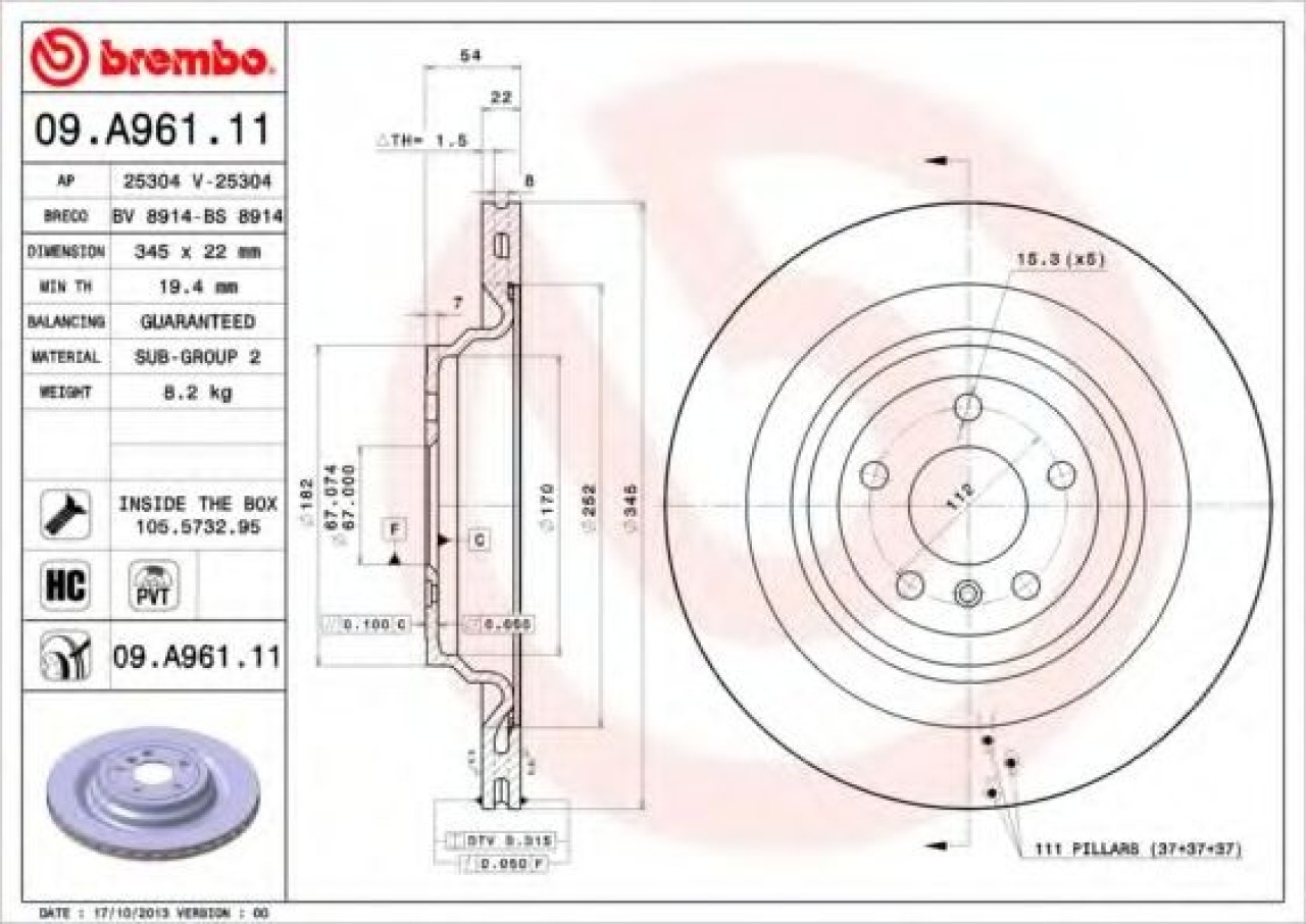 Disc frana MERCEDES M-CLASS (W166) (2011 - 2016) BREMBO 09.A961.11 piesa NOUA
