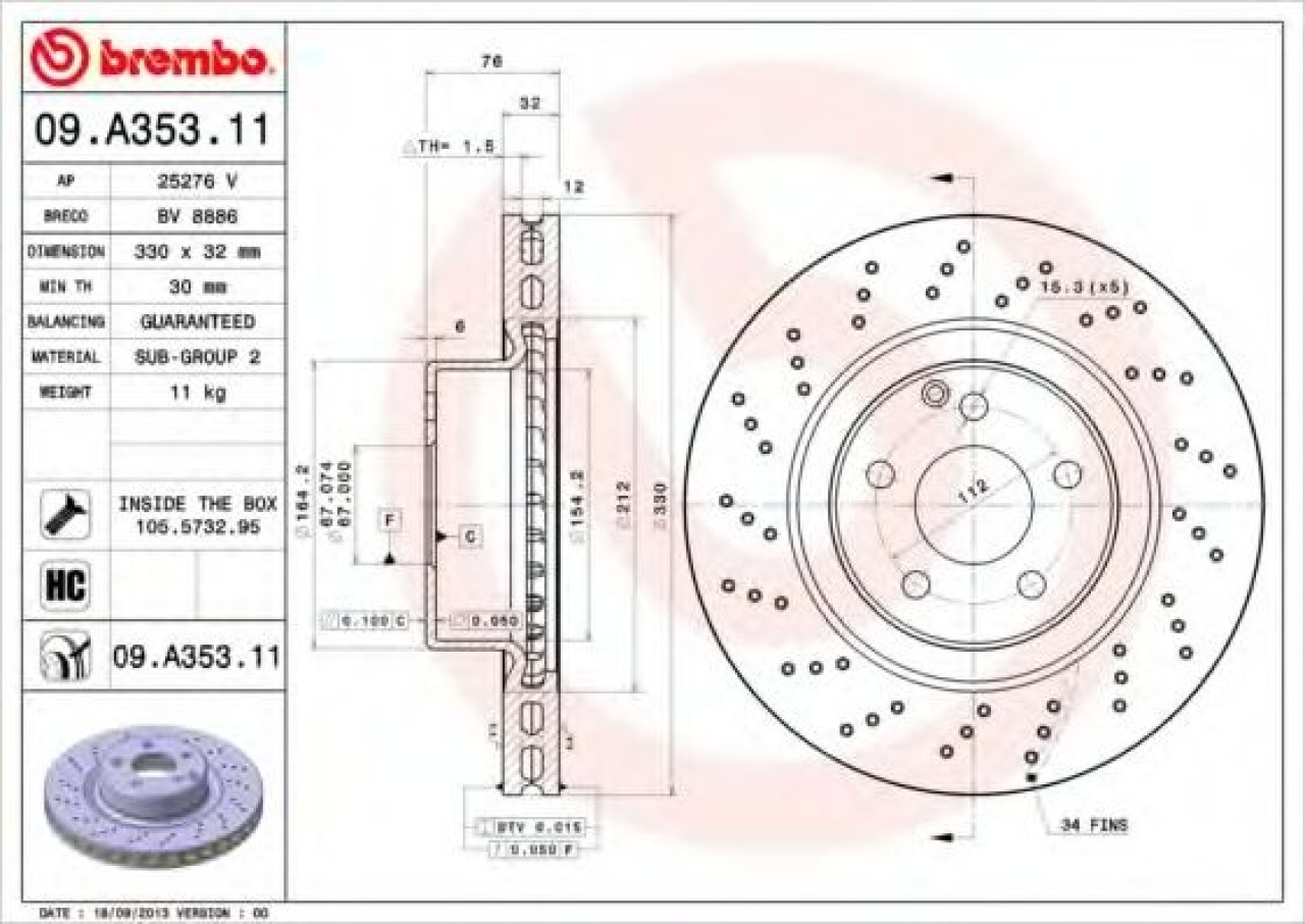 Disc frana MERCEDES S-CLASS (W220) (1998 - 2005) BREMBO 09.A353.11 piesa NOUA