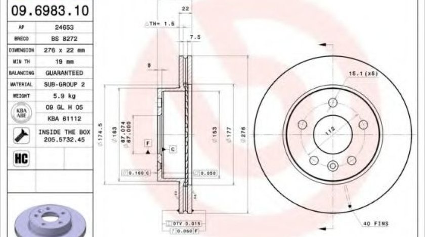 Disc frana MERCEDES V-CLASS (638/2) (1996 - 2003) BREMBO 09.6983.10 piesa NOUA