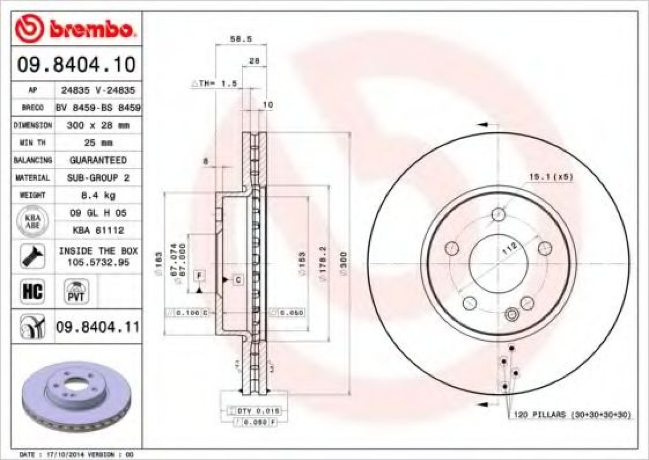 Disc frana MERCEDES V-CLASS (W447) (2014 - 2016) BREMBO 09.8404.11 piesa NOUA