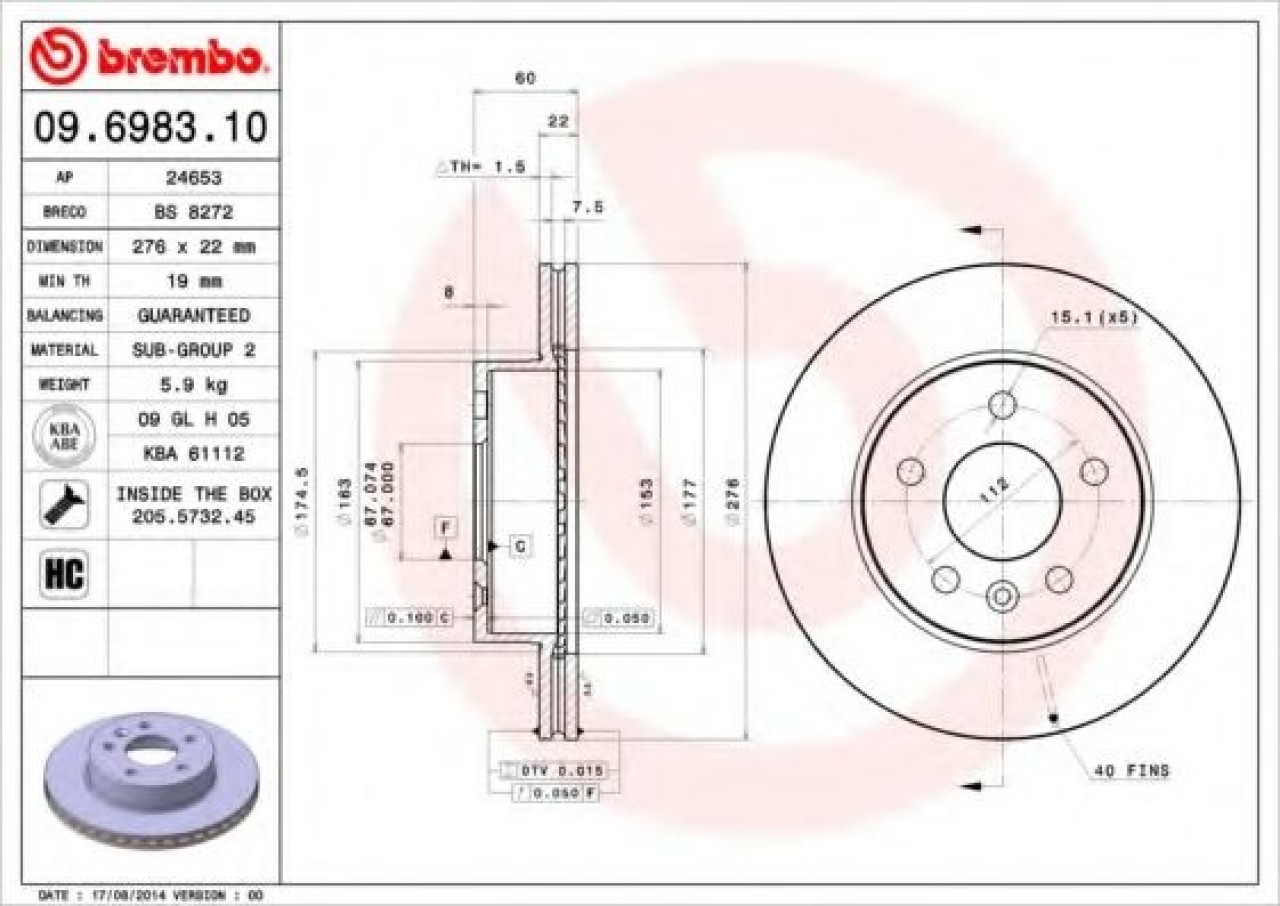Disc frana MERCEDES VITO bus (638) (1996 - 2003) BREMBO 09.6983.10 piesa NOUA