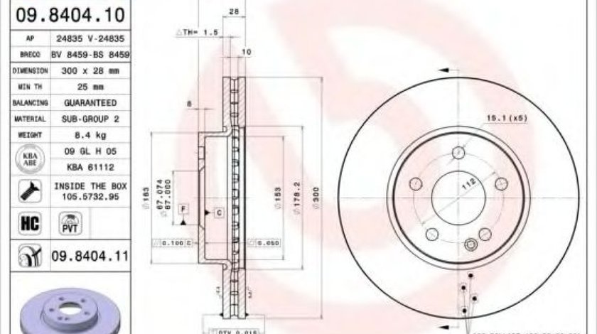 Disc frana MERCEDES VITO bus (W639) (2003 - 2016) BREMBO 09.8404.11 piesa NOUA