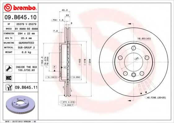 Disc frana MINI MINI PACEMAN (R61) (2012 - 2016) BREMBO 09.B645.11 piesa NOUA
