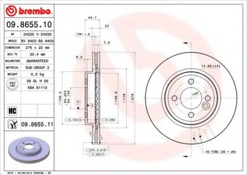 Disc frana MINI MINI (R50, R53) (2001 - 2006) BREMBO 09.8655.10 piesa NOUA