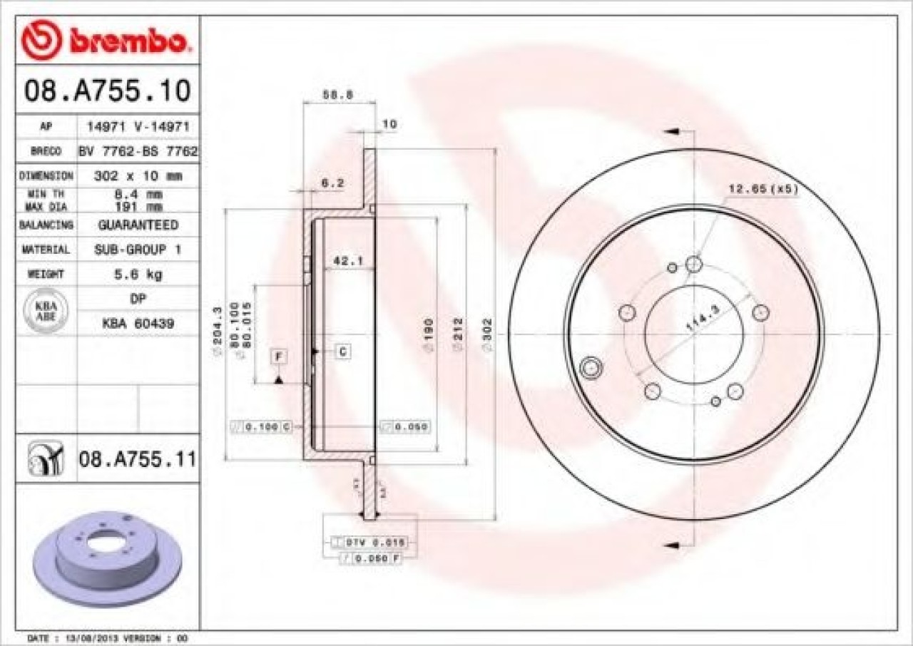 Disc frana MITSUBISHI LANCER Sportback (CX) (2007 - 2016) BREMBO 08.A755.11 piesa NOUA