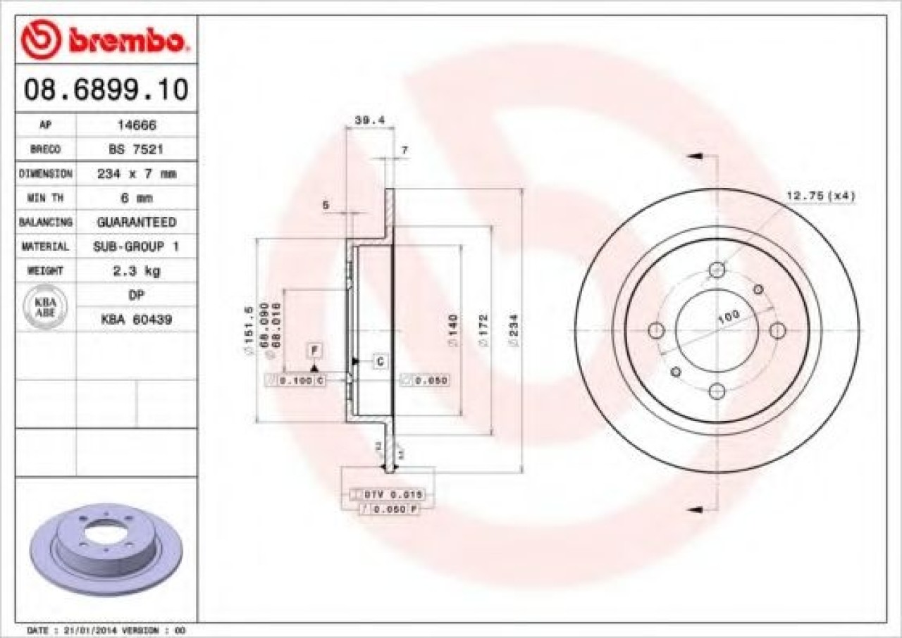 Disc frana NISSAN ALMERA I Hatchback (N15) (1995 - 2000) BREMBO 08.6899.10 piesa NOUA