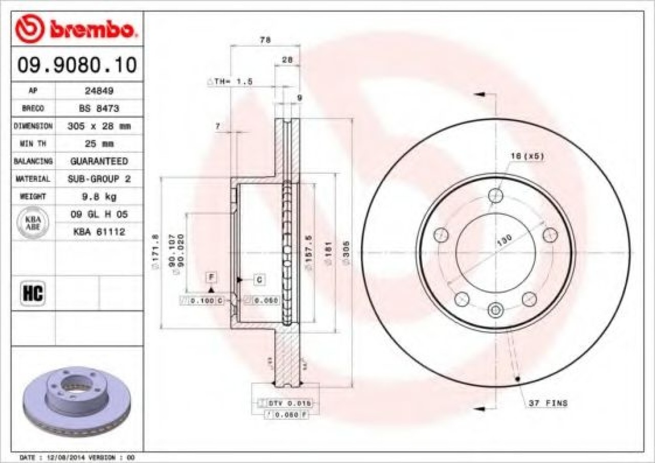Disc frana NISSAN INTERSTAR bus (X70) (2002 - 2016) BREMBO 09.9080.10 piesa NOUA