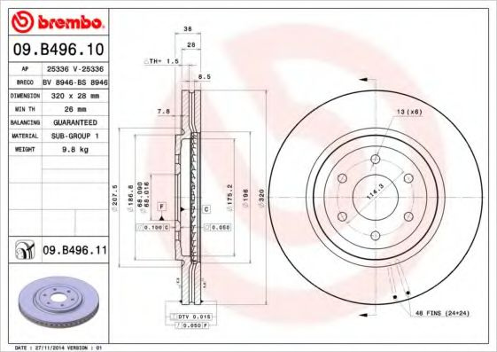 Disc frana NISSAN NAVARA (D40) (2004 - 2016) BREMBO 09.B496.11 piesa NOUA