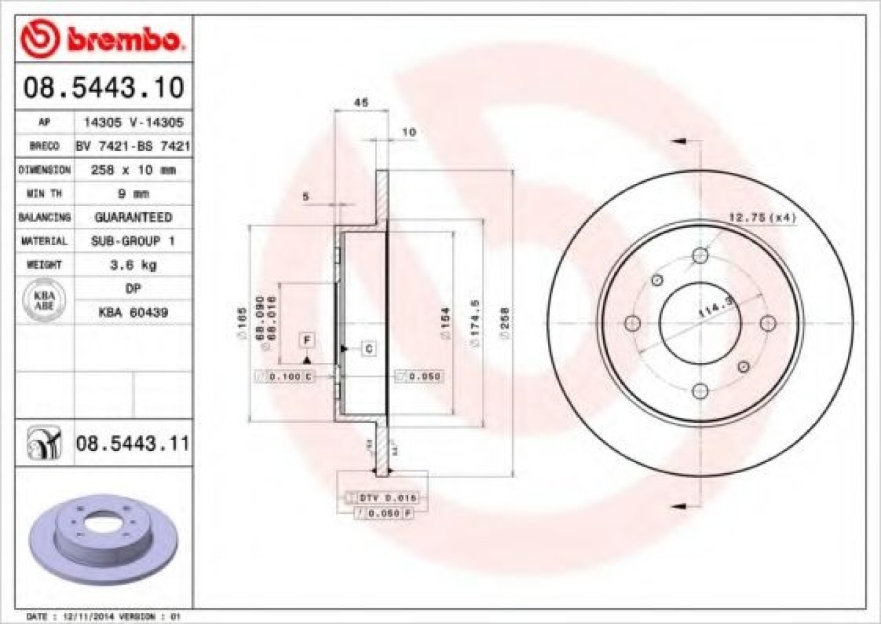 Disc frana NISSAN PRIMERA Break (WP11) (1996 - 2002) BREMBO 08.5443.11 piesa NOUA
