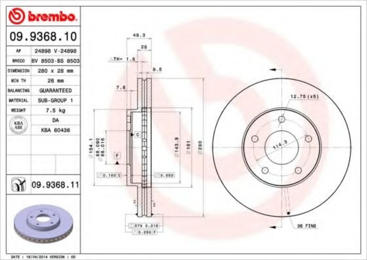 Disc frana NISSAN PRIMERA Hatchback (P12) (2002 - 2016) BREMBO 09.9368.11 piesa NOUA