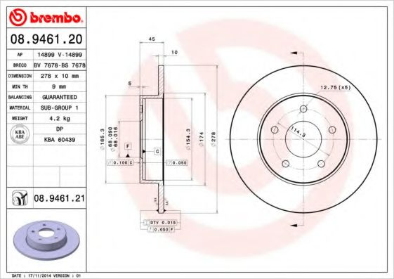 Disc frana NISSAN PRIMERA Hatchback (P12) (2002 - 2016) BREMBO 08.9461.21 piesa NOUA