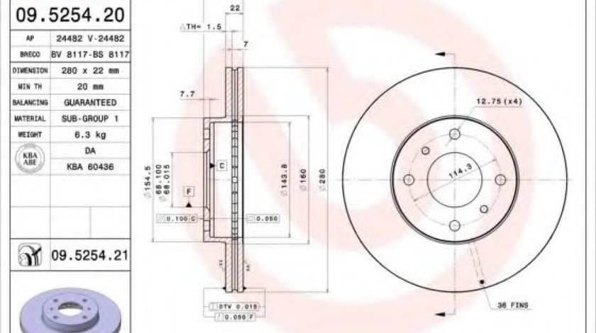 Disc frana NISSAN PRIMERA (P11) (1996 - 2001) BREMBO 09.5254.21 piesa NOUA