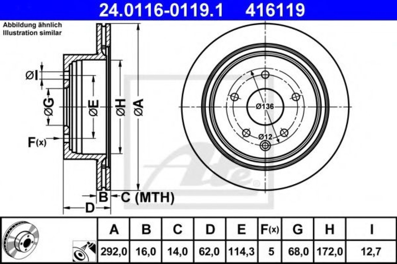 Disc frana NISSAN QASHQAI / QASHQAI +2 (J10, JJ10) (2007 - 2013) ATE 24.0116-0119.1 piesa NOUA