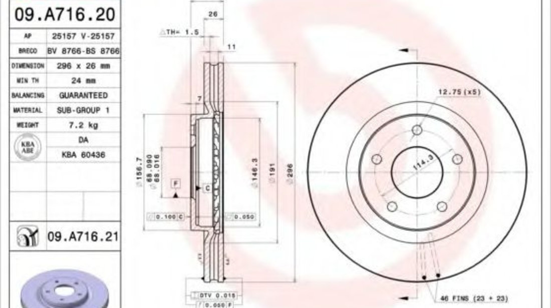 Disc frana NISSAN X-TRAIL (T31) (2007 - 2013) BREMBO 09.A716.21 piesa NOUA