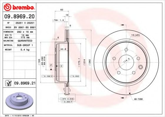 Disc frana NISSAN X-TRAIL (T31) (2007 - 2013) BREMBO 09.8969.21 piesa NOUA