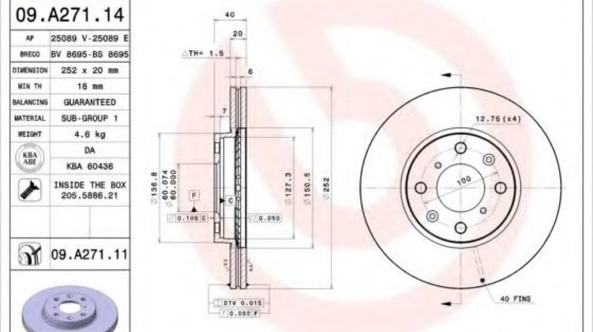 Disc frana OPEL AGILA (B) (H08) (2008 - 2016) BREMBO 09.A271.11 piesa NOUA