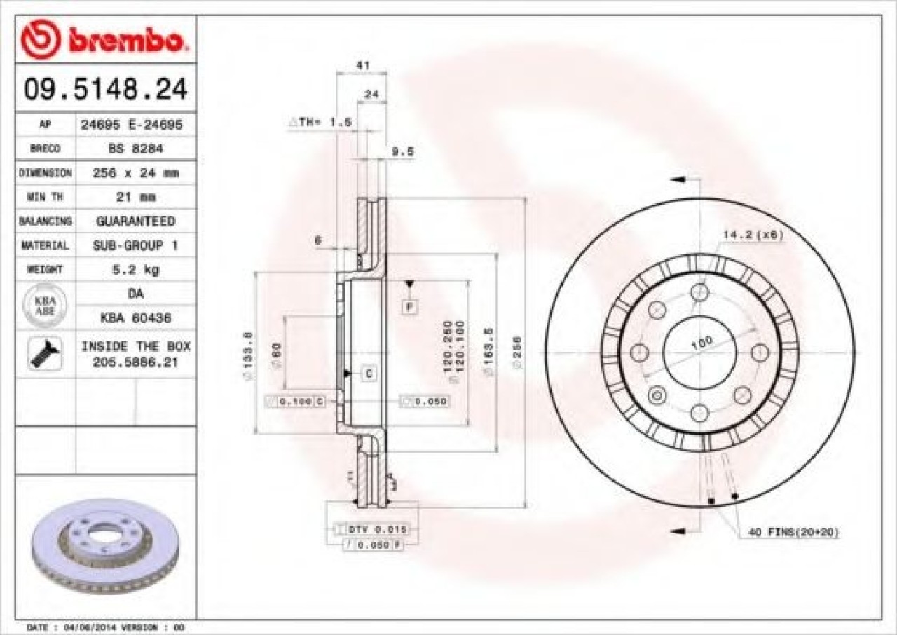 Disc frana OPEL ASTRA F Combi (51, 52) (1991 - 1998) BREMBO 09.5148.24 piesa NOUA