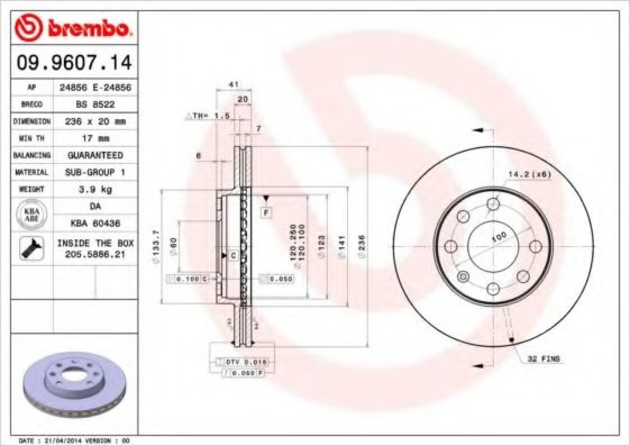 Disc frana OPEL ASTRA F Combi (51, 52) (1991 - 1998) BREMBO 09.9607.14 piesa NOUA