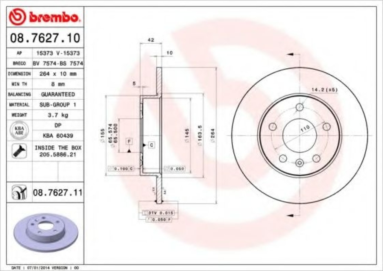 Disc frana OPEL ASTRA G Cupe (F07) (2000 - 2005) BREMBO 08.7627.11 piesa NOUA