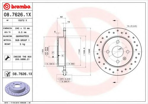 Disc frana OPEL ASTRA G Hatchback (F48, F08) (1998 - 2009) BREMBO 08.7626.1X piesa NOUA