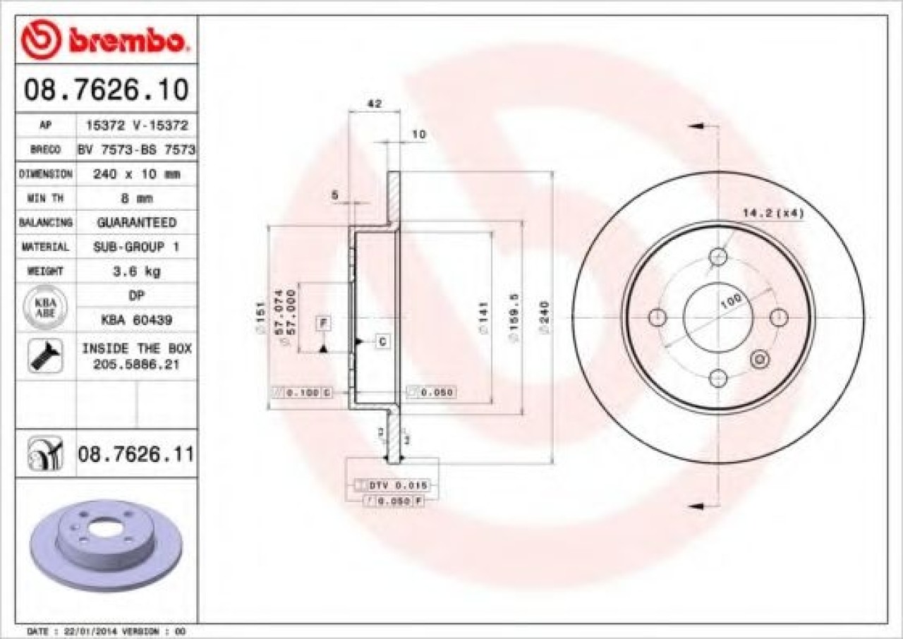 Disc frana OPEL ASTRA H Combi (L35) (2004 - 2016) BREMBO 08.7626.11 piesa NOUA