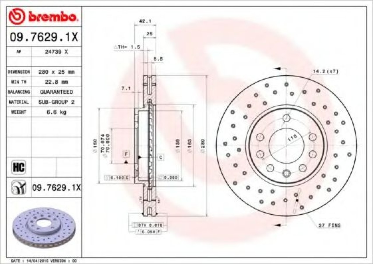 Disc frana OPEL ASTRA H GTC (L08) (2005 - 2016) BREMBO 09.7629.1X piesa NOUA
