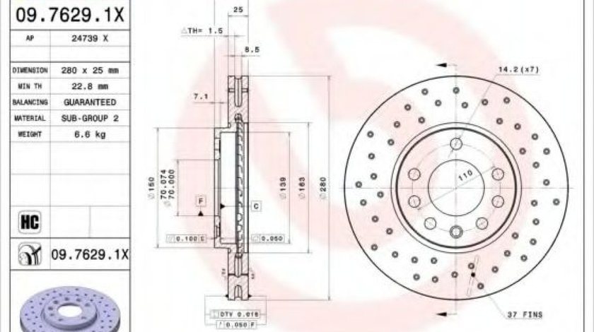 Disc frana OPEL ASTRA H GTC (L08) (2005 - 2016) BREMBO 09.7629.1X piesa NOUA