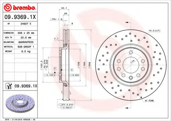 Disc frana OPEL ASTRA H GTC (L08) (2005 - 2016) BREMBO 09.9369.1X piesa NOUA