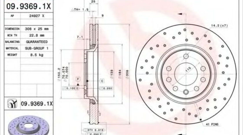 Disc frana OPEL ASTRA H GTC (L08) (2005 - 2016) BREMBO 09.9369.1X piesa NOUA