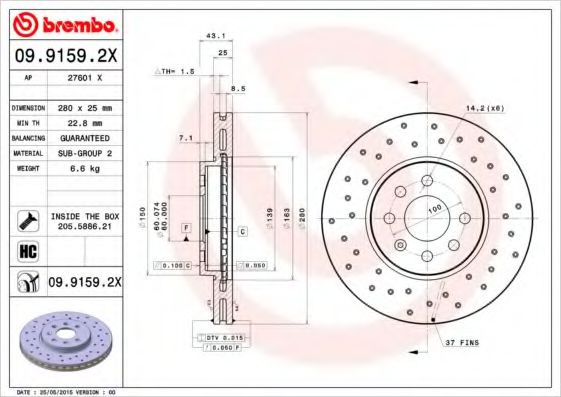 Disc frana OPEL ASTRA H GTC (L08) (2005 - 2016) BREMBO 09.9159.2X piesa NOUA